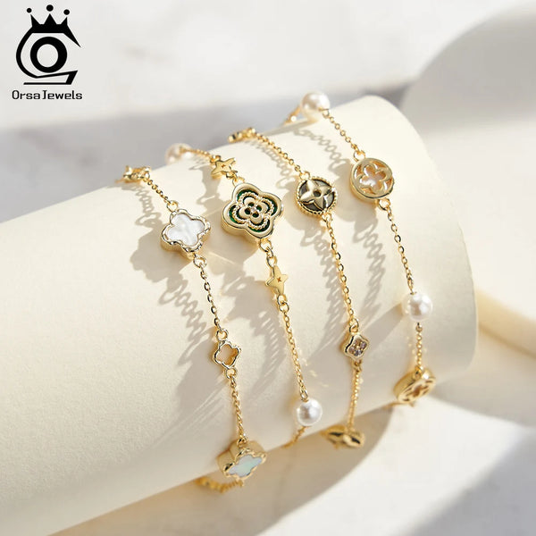 Gold Sterling Silver 925 Hand Chain Four Leaf Flower Bracelet