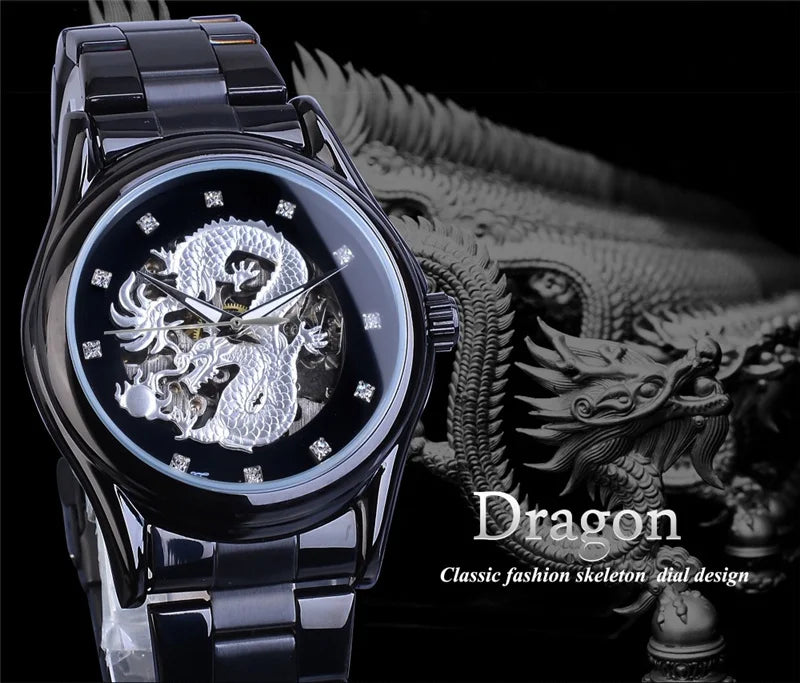 Golden Stainless Steel Skeleton Automatic Mechanical Watch for Men