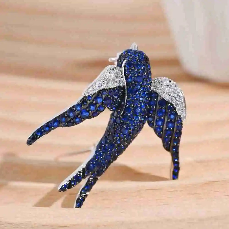 Sterling Silver Sapphire Created Diamond Bird Brooch for Women