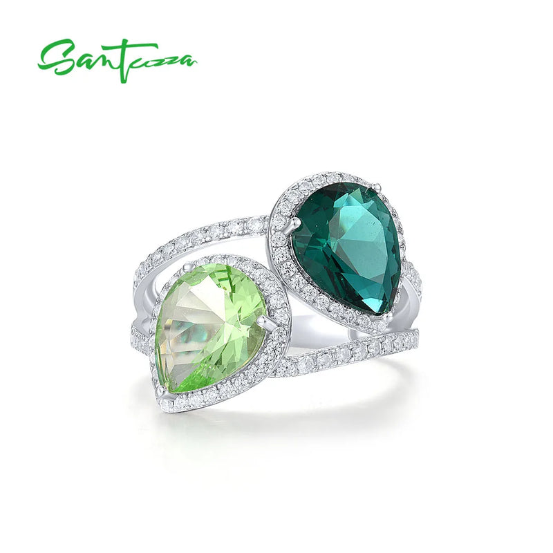 Sterling Silver Green Glass & White CZ Colorful Pear Shape Ring for Women