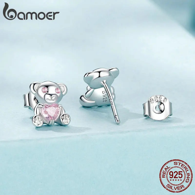 Solid 925 Sterling Silver Bear Stud Earrings for Women