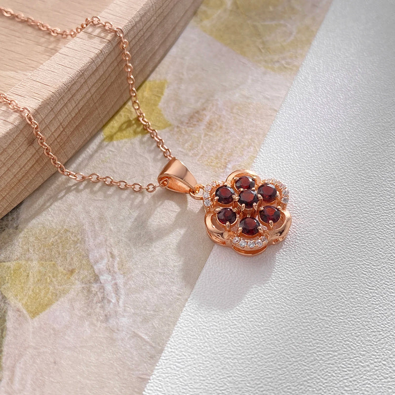 Rose Gold Plated Garnet Geometric Flower Pendant Necklace for Women