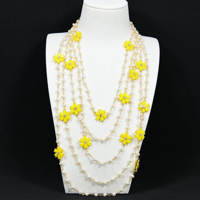 Gold Plated White Pearl 5 Rows Necklace with Yellow Jade Crystal Flower Connector for Women