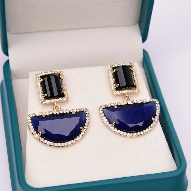 Gold Plated Black Blue Cat Eye Dangle Stud Earrings with CZ Stones for Women