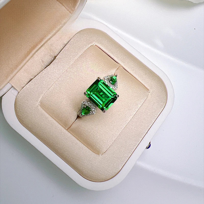 925 Silver Green Tourmaline Emerald Cut Ring for Women