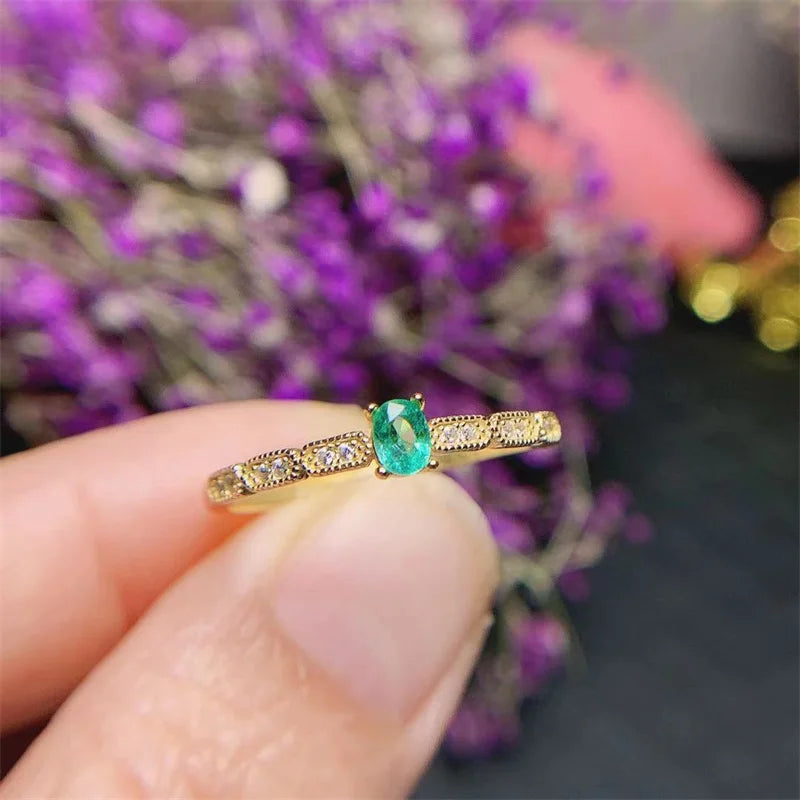 18K Yellow Gold & Sterling Silver Emerald Ring for Women