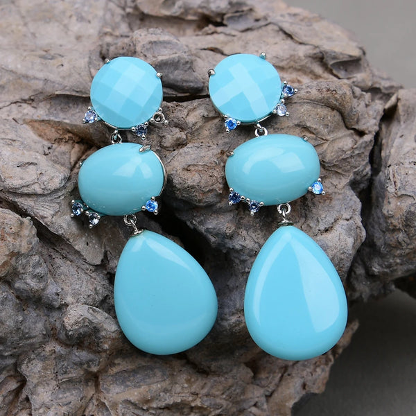 Gold Plated Blue Turquoise Water Drop Dangle Earrings for Women