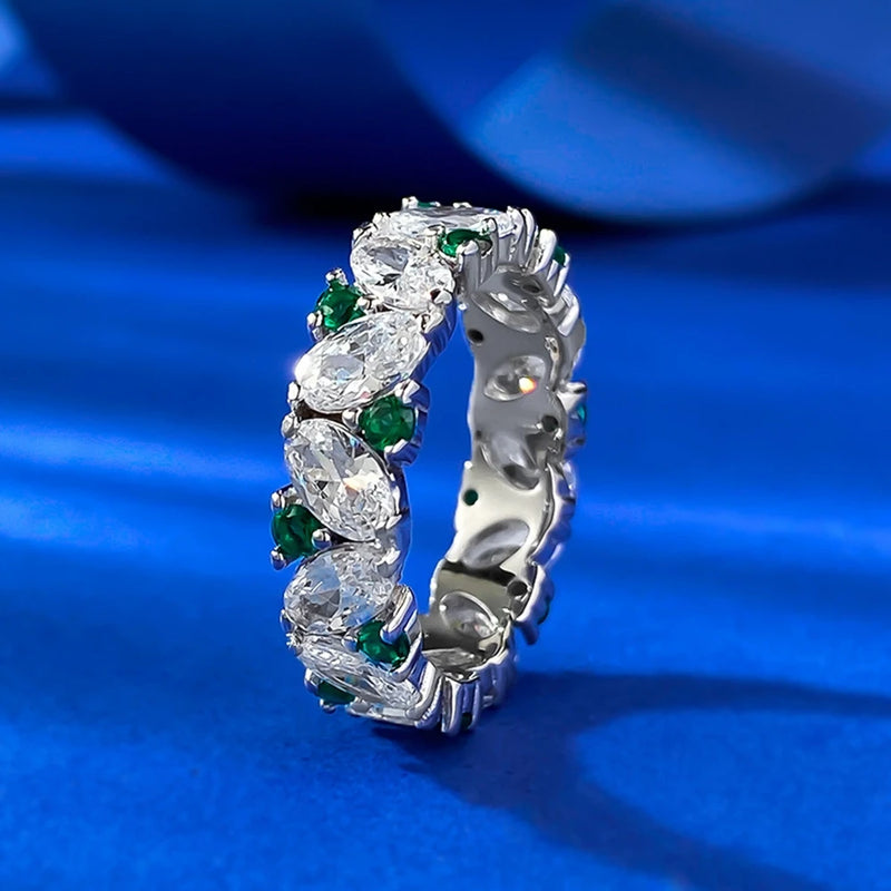 925 Sterling Silver Lab Sapphire & Emerald Oval Gemstone Row Ring for Women