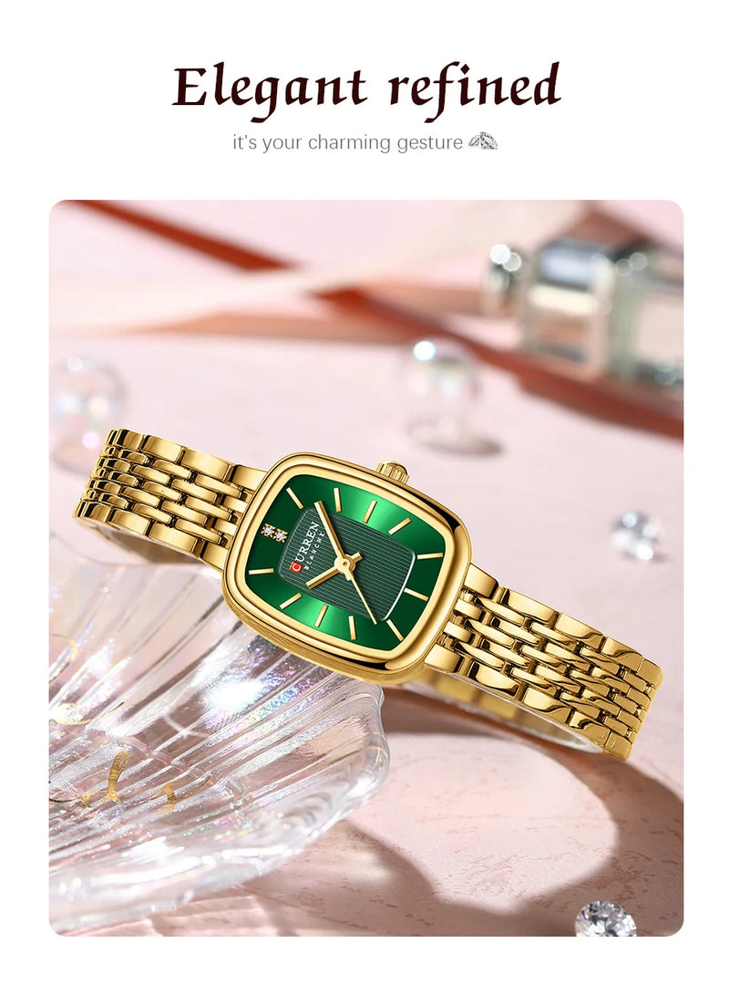 Gold Rectangular Dial Quartz Watch Bracelet for Lady