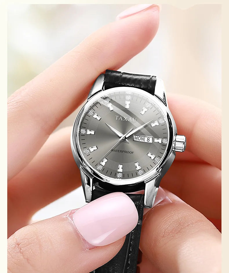 Stainless Steel Leather Casual Elegant Watch with Luminous Calendar, Waterproof for Women