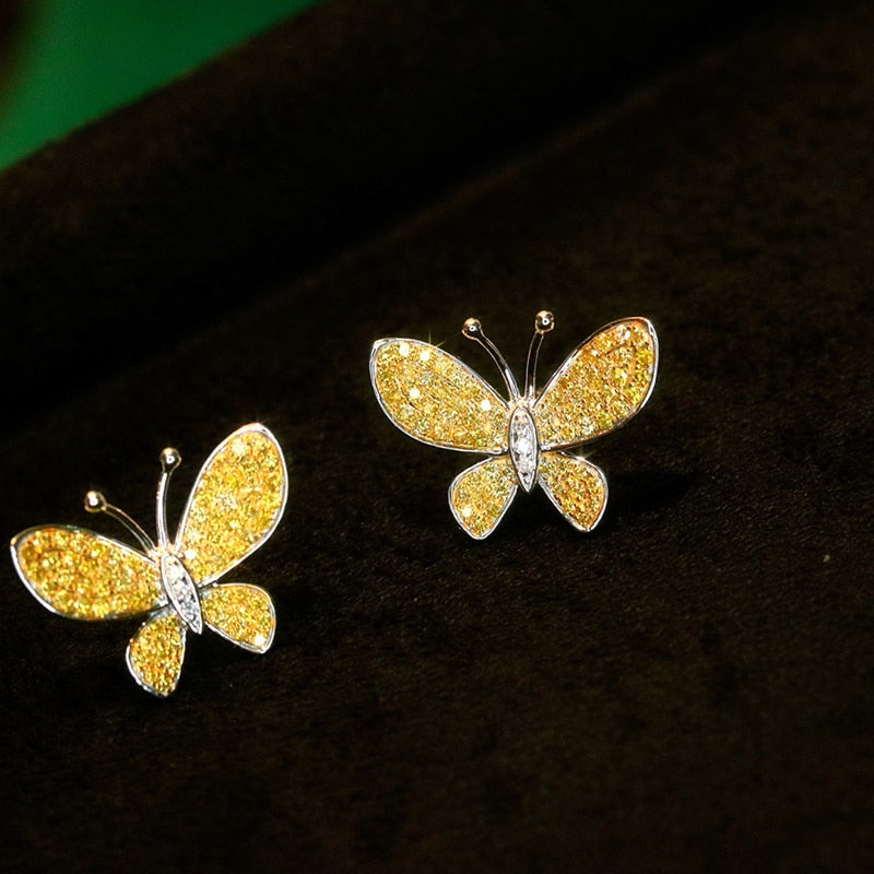 18K Yellow Gold Natural Yellow Diamond Butterfly Stud Earrings for Women