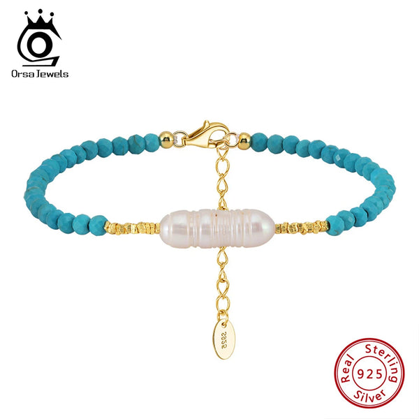 925 Silver Turquoise Stone Bracelet with Pearl for Women