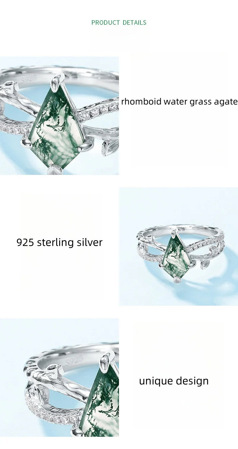 Sterling Silver Green Water Grass Agate Ring for Woman