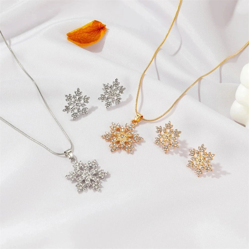 925 Silver Gold Tone Snow Flower Pendant Necklace Earrings Set for Women