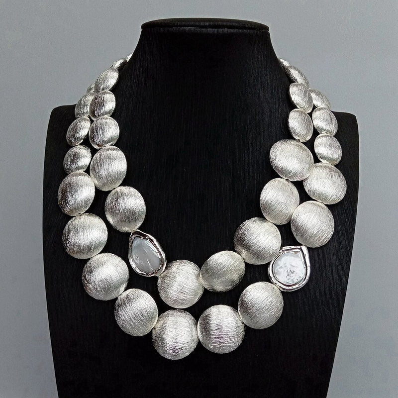 Sterling Silver Plated 2 Rows Cultured White Coin Pearl Necklace with Crystals for Women