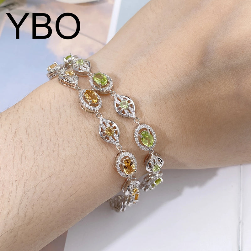 Sterling Silver Peridot Citrine CZ Geometric Chain Bracelet for Women