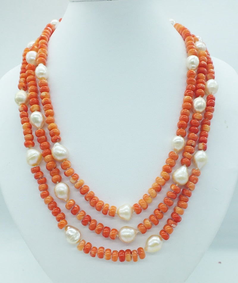 Sterling Silver Natural Orange Coral and Pearl Necklace, 18-22 Inches for Women