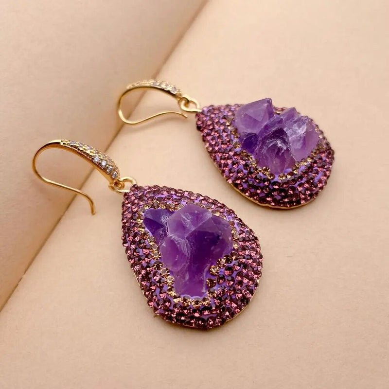 Sterling Silver Amethyst Rough Pave Dangle Earrings for Women