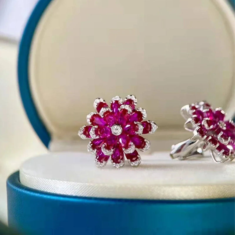 925 Sterling Silver Ruby & Diamond Flower Earrings for Women