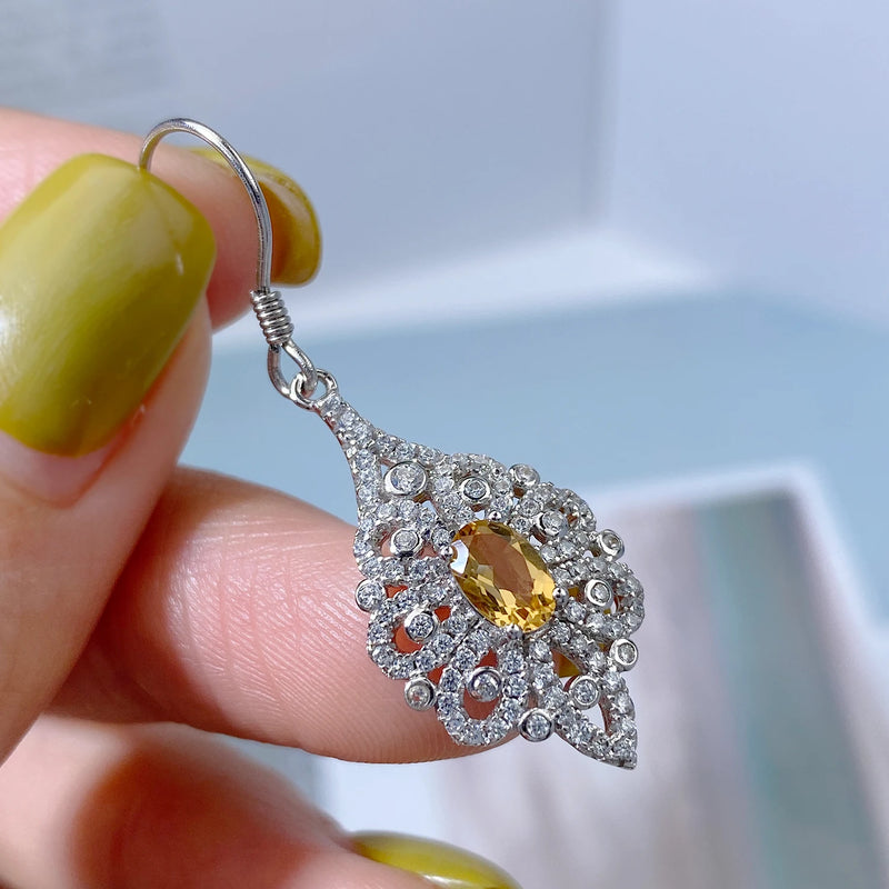 Sterling Silver Citrine Zircon Flower Drop Earrings for Women