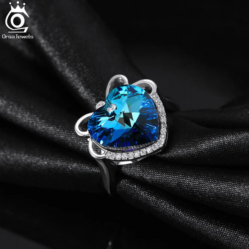 Sterling Silver Blue Crystal Heart Ring for Women