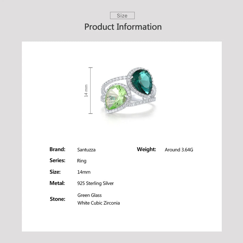 Sterling Silver Green Glass & White CZ Colorful Pear Shape Ring for Women