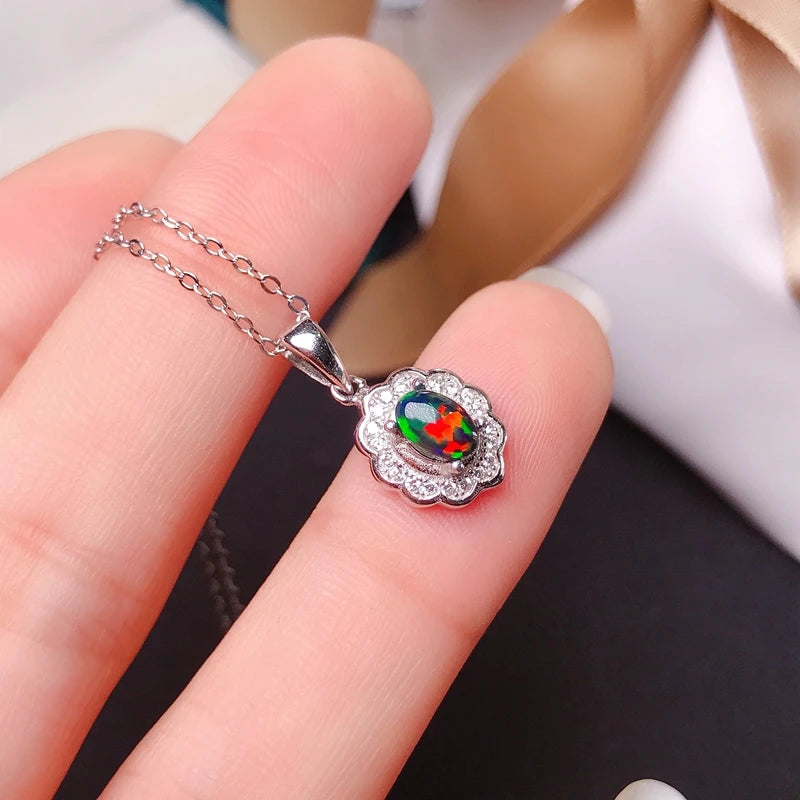 925 Silver Black Opal Necklace, Small with Beautiful Fire Colors