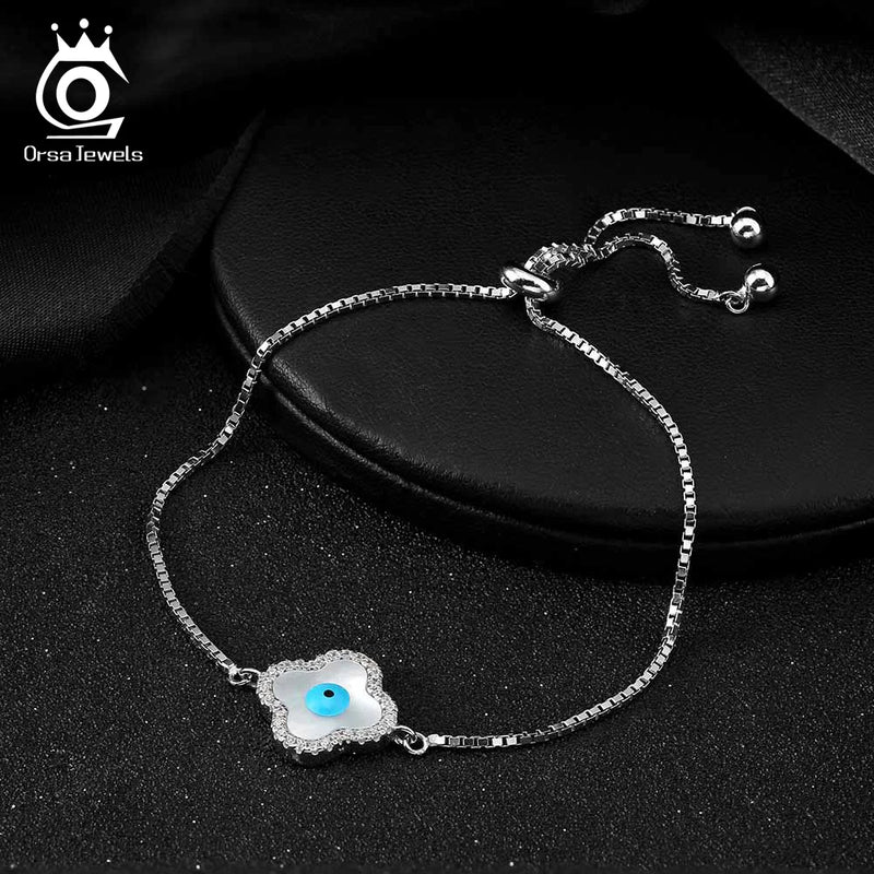 Sterling Silver Clover Shell Evil Eye Bracelet for Women