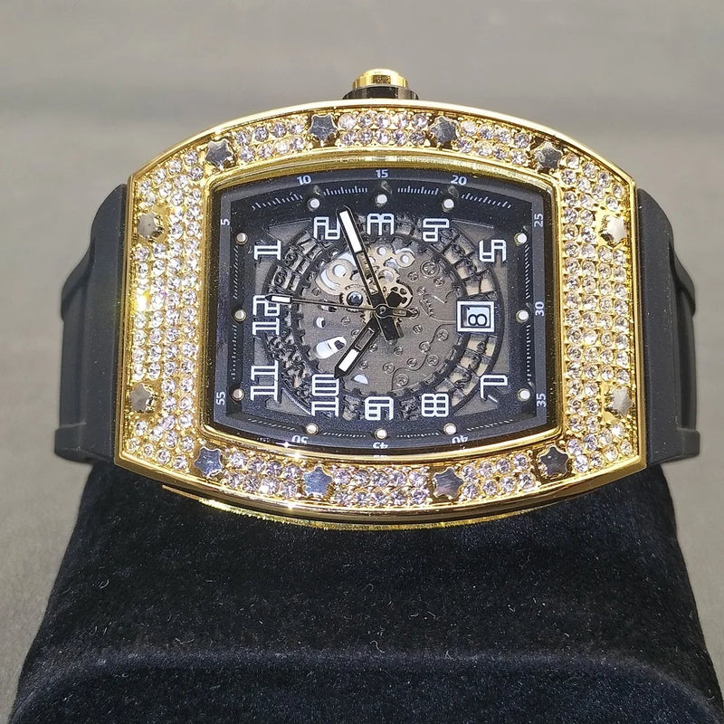 MISSFOX New Men Wrist Watches Tonneau Rubber Strap Waterproof Male Quartz Watch Unique Classic Gold Hollow Men's Clocks Gifts