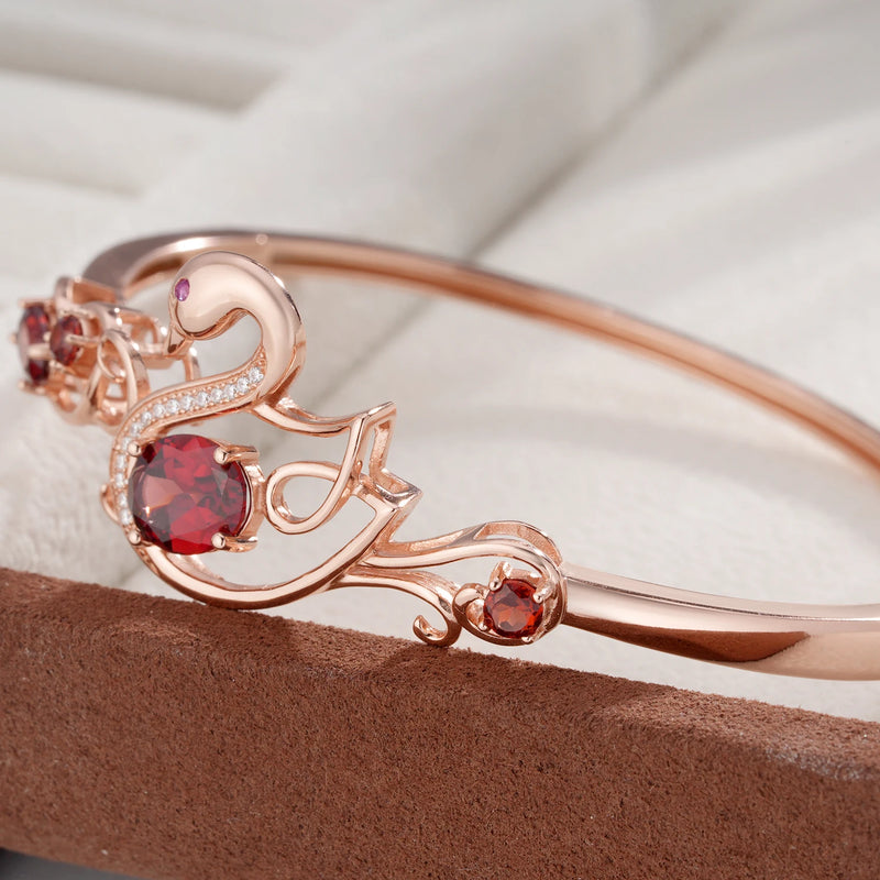 18K Rose Gold Plated Hollow Out Swan Animal Bangles with Red Garnet Gemstone for Women