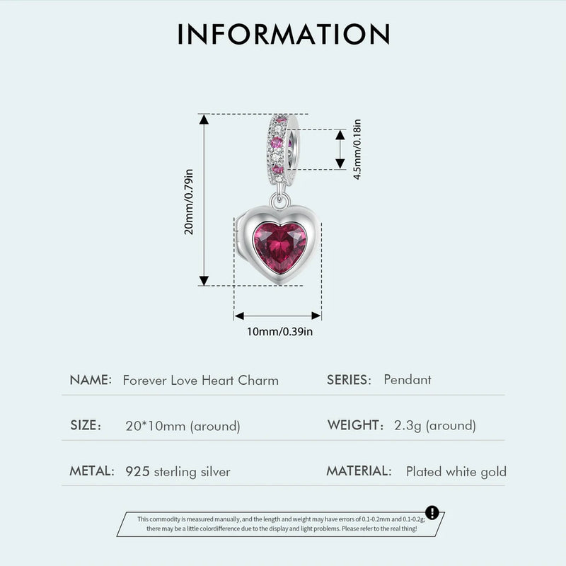 925 Sterling Silver Cubic Zirconia Heart Charm for Bracelets or Necklaces, for Women