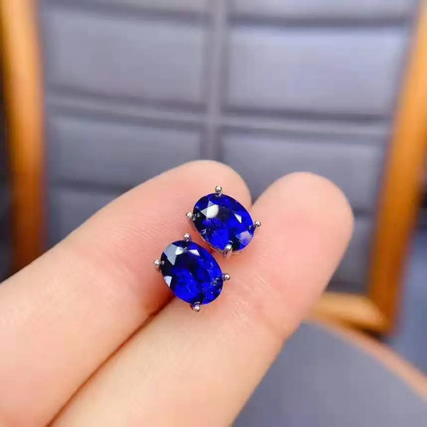 S925 Sterling Silver Natural Sapphire Ear Studs for Women