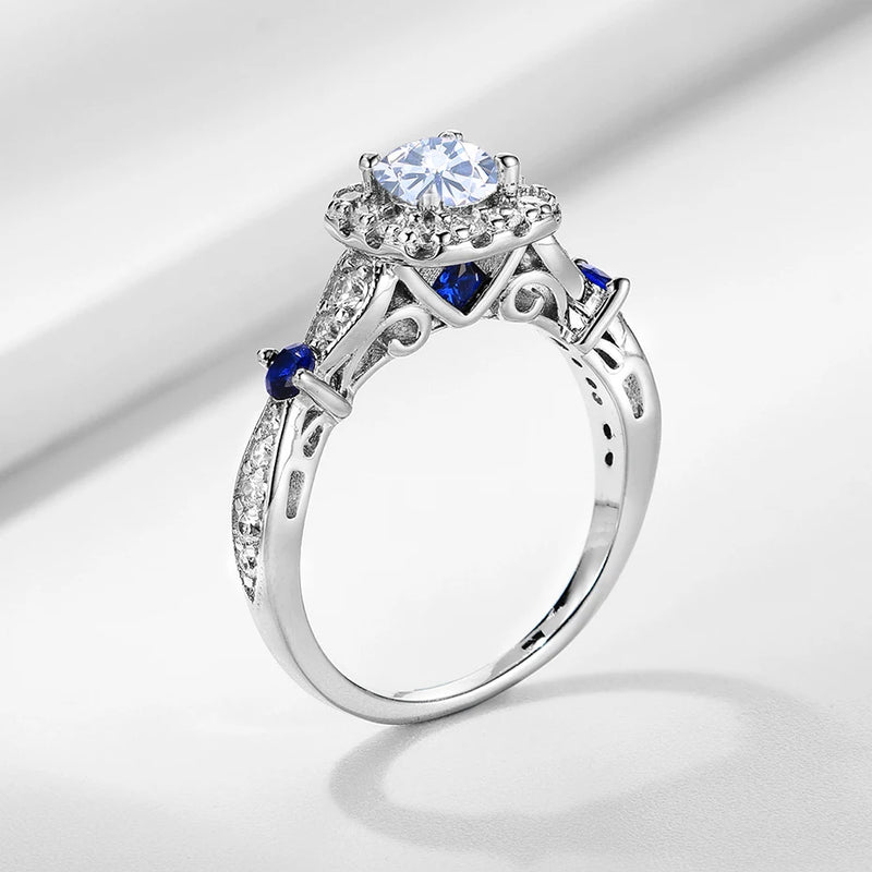 925 Sterling Silver White Gold 0.5CT Moissanite and Sapphire Ring for Women