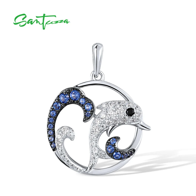 Sterling Silver Blue White CZ Dolphin Earrings & Pendant Set for Women