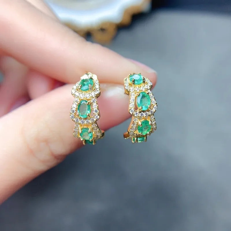 Sterling Silver Natural Emerald Diamond Earrings for Women