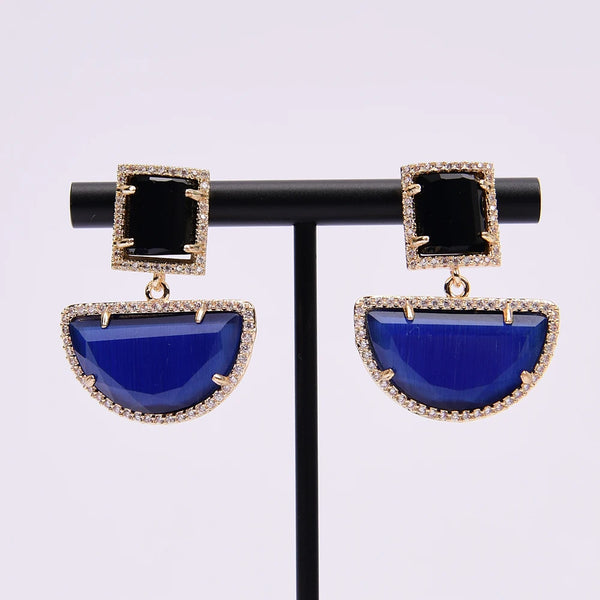 Gold Plated Black Blue Cat Eye Dangle Stud Earrings with CZ Stones for Women