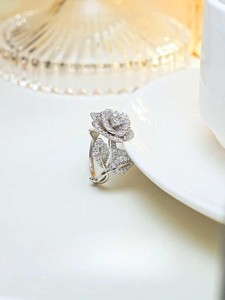 Sterling Silver Rose Diamond Ring Set for Her