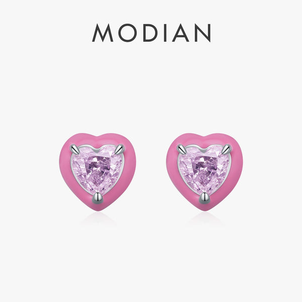 925 Sterling Silver Pink Enamel Heart Crushed Ice Zircon Stud Earrings for Women