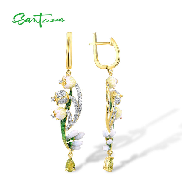 Sterling Silver Green Stone CZ Enamel Flower Drop Earrings for Women