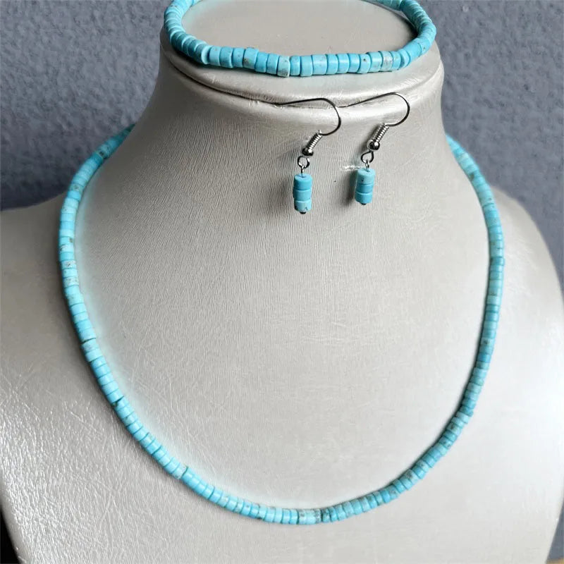 Sterling Silver Heishi Blue Turquoise Jewelry Set for Women