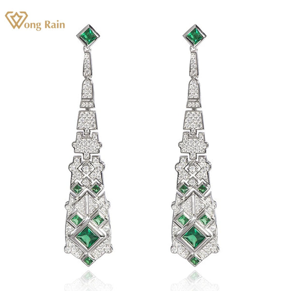 Wong Rain Vintage 925 Sterling Silver Emerald High Carbon Diamond Gems Drop Dangle Earrings for Women Anniversary Gifts Jewelry