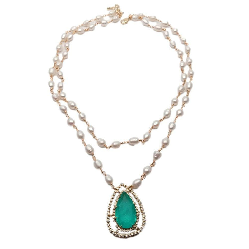 Y.YING Freshwater White Rice Pearl Rosary Chain Necklace Green Quartz Teardrop Cz Pave Pendant
