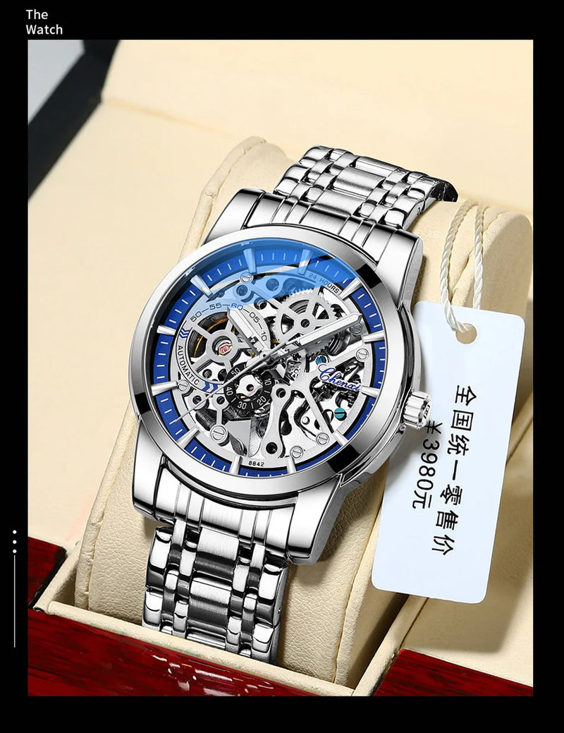 Solid Steel Automatic Hollow Luminous Mechanical Watch for Men