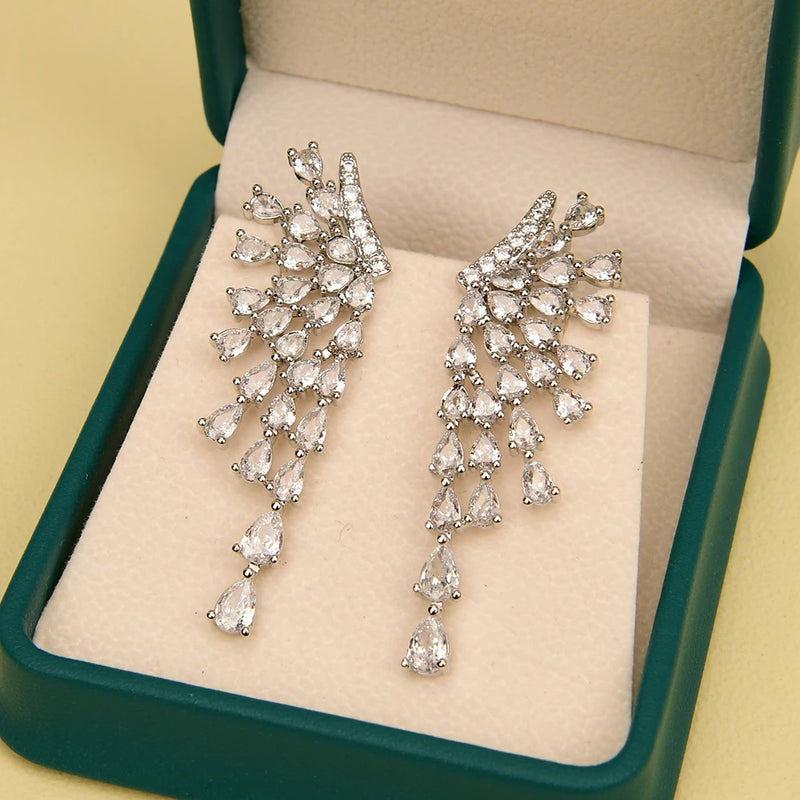 Silver Feathers Dangle Earrings with Shiny CZ Stone for Women