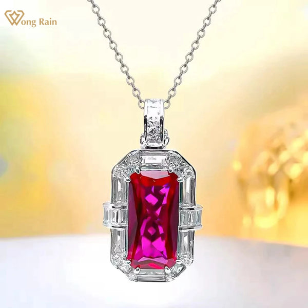 Wong Rain Vintage 925 Sterling Silver 8*16 MM Ruby Emerald High Carbon Diamond Gemstone Pendant Necklace for Women Jewelry