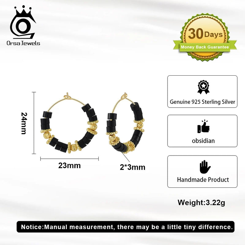 925 Sterling Silver Obsidian Hoop Earrings for Women