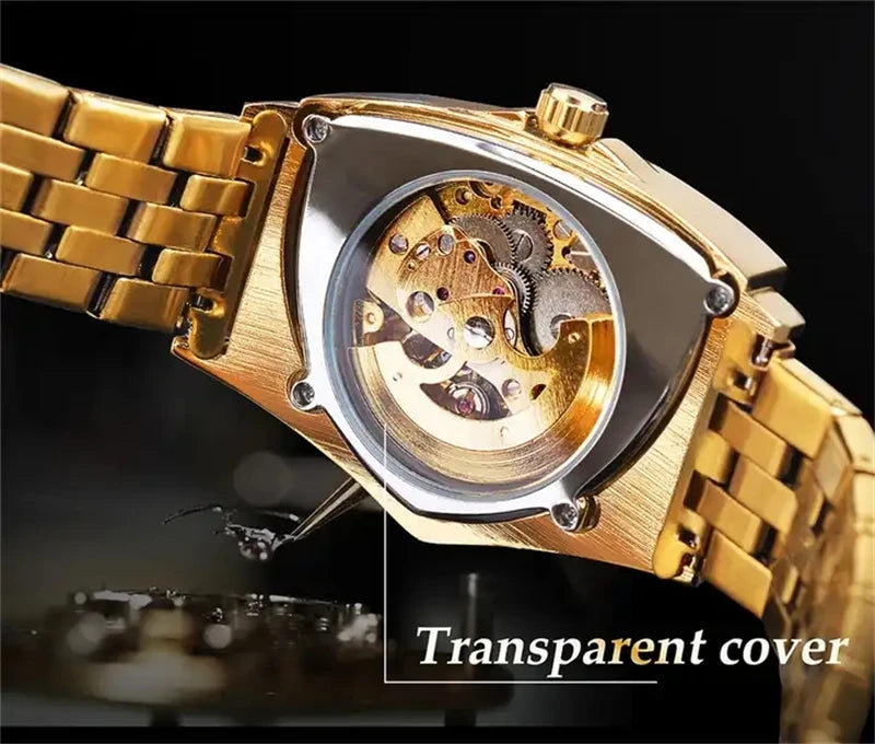 Golden Stainless Steel Skeleton Wrist Watch for Men