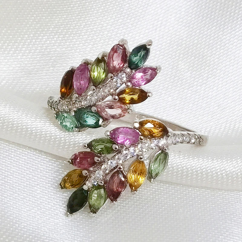 925 Sterling Silver Tourmaline Gemstone Feather Ring for Women