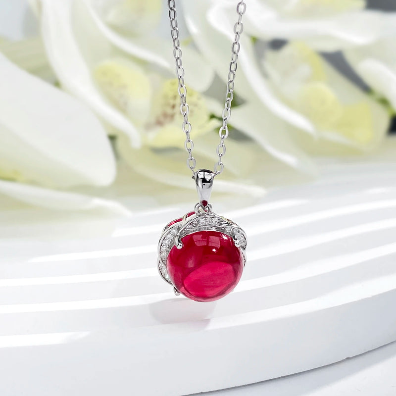 925 Sterling Silver Red Corundum Flower Pendant Necklace for Women