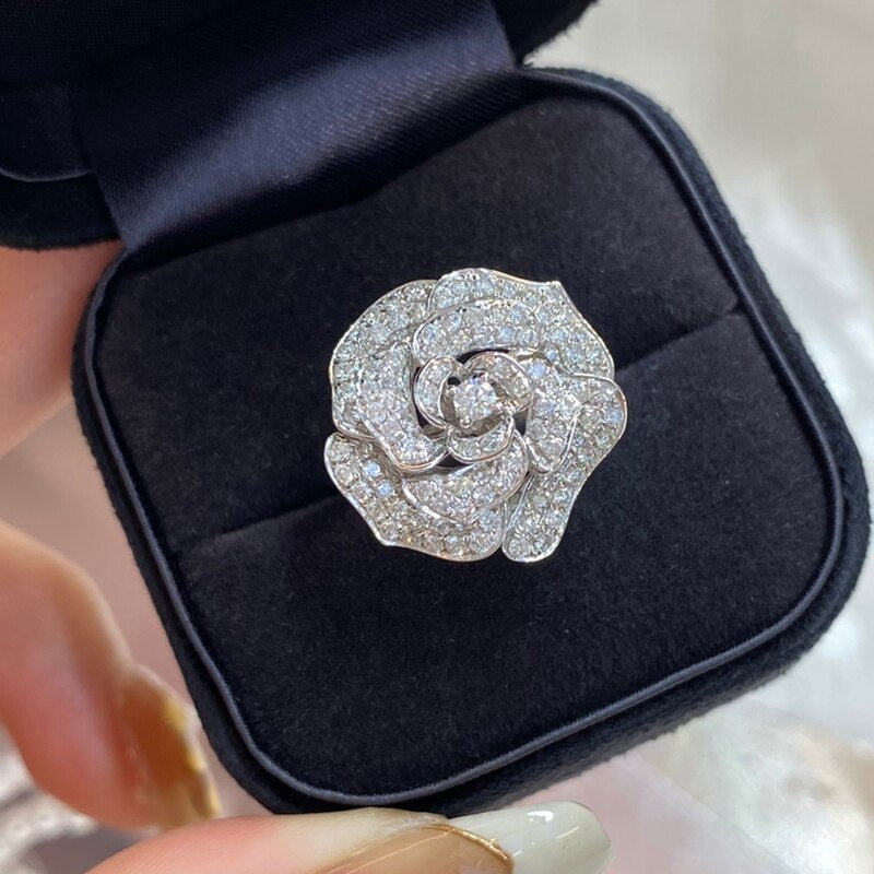 18K White Gold Natural Diamond Flower Rings for Women